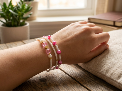 Hand wearing a bracelet with beads on a wooden surface, with a plant and book in the background.