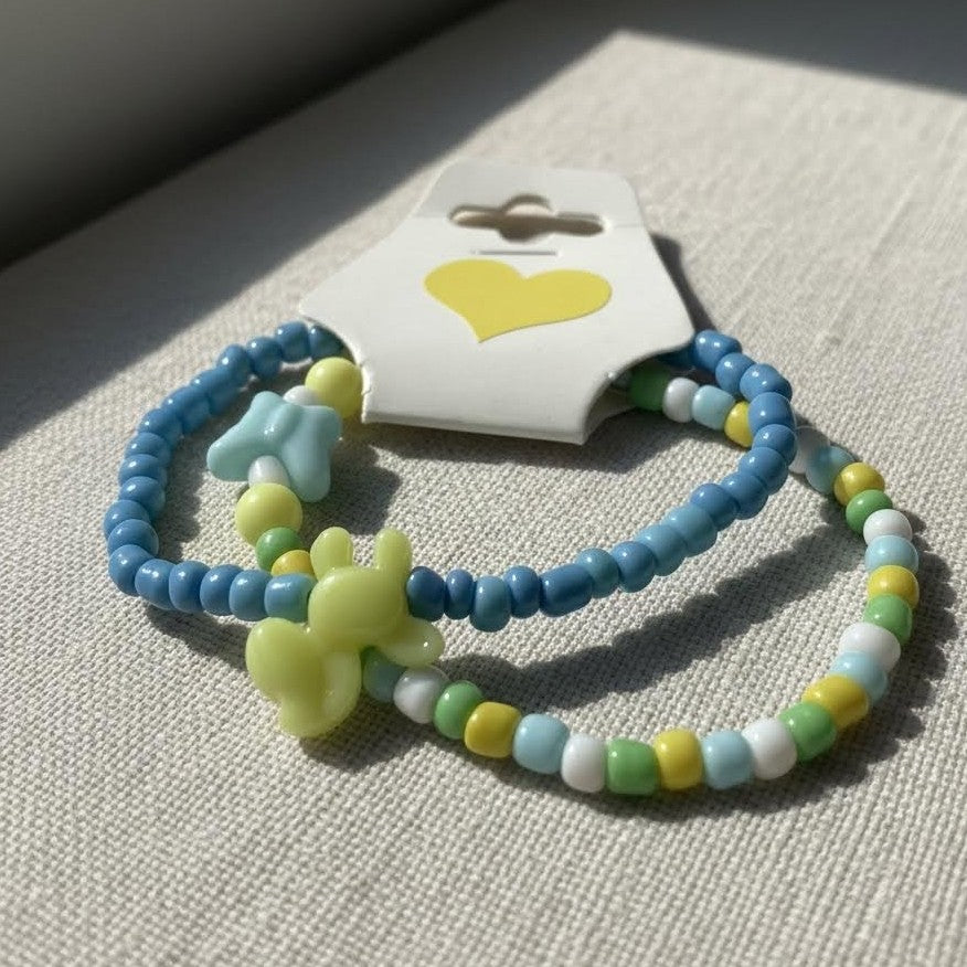 Kawaii Bunny and Butterfly Beaded Bracelet Set, Pastel Seed Bead Jewelry.