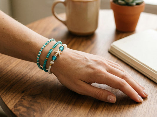 Handmade Turquoise White Pearl-Like Beaded Bracelet Set, Starfish Charm, Boho Ocean Jewelry