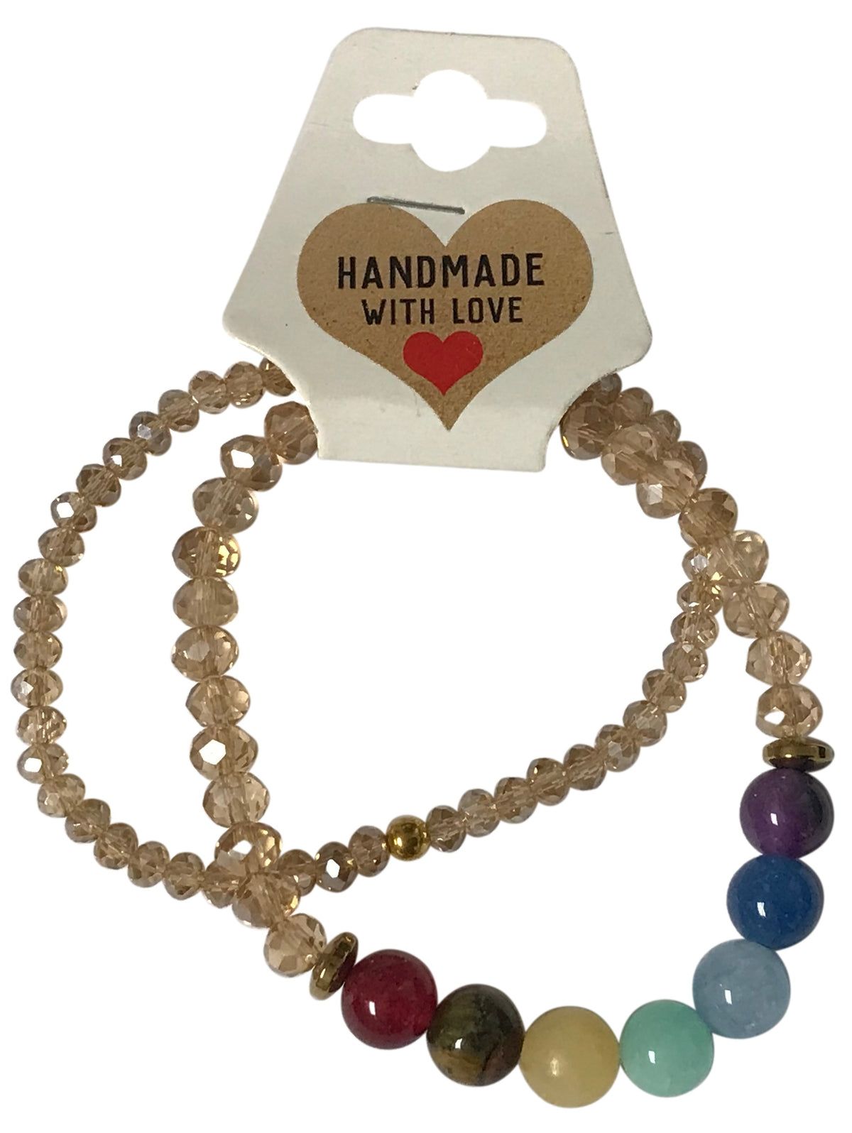 Set of beaded bracelets on a card with 'Handmade with Love' text