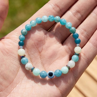Handmade Amazonite Natural Gemstone Beaded Bracelet Crystal Blue and White Stone Boho Style Stacking Jewelry