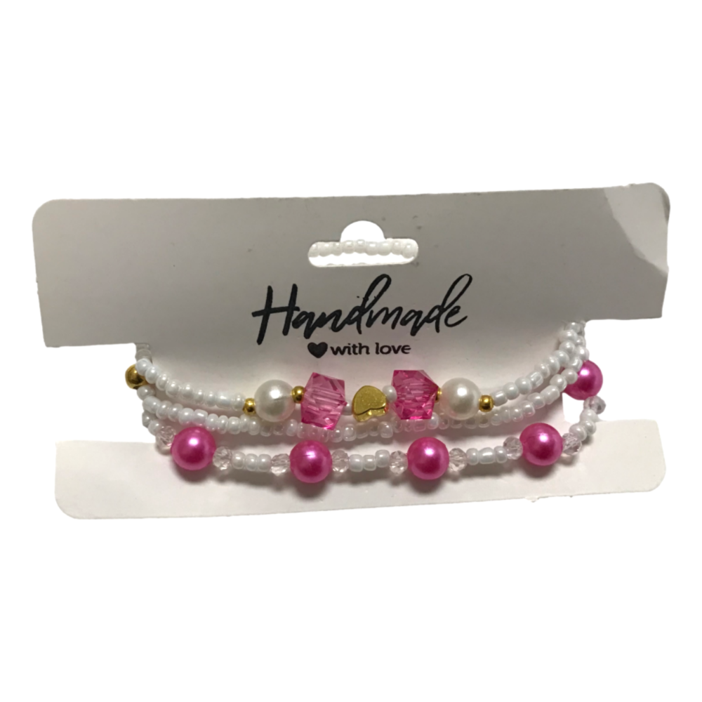 Set of beaded bracelets with pink and gold accents on a 'Handmade with Love' card.
