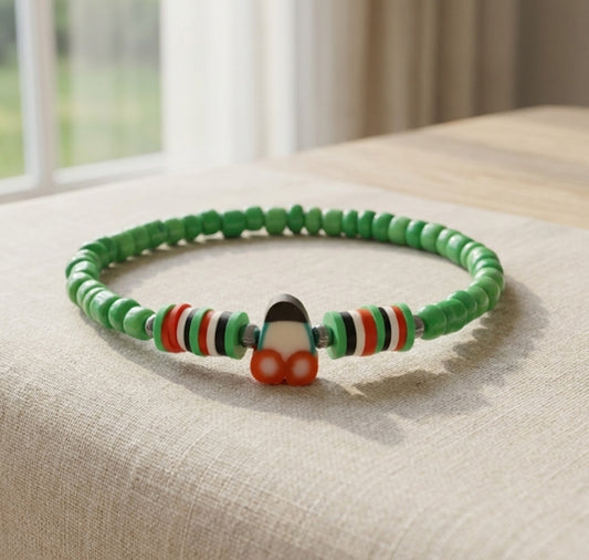 Boho Beaded Bracelet with Cherry Charm – Green Beads & Red-White-Green Accents, Handmade Elastic Jewelry