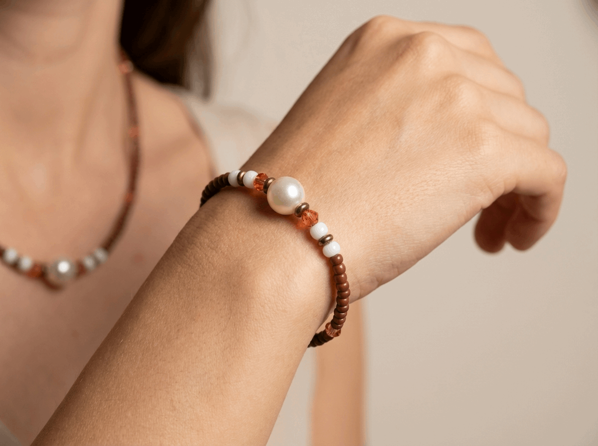 Handmade Pearl Beaded Necklace and Bracelet Set, Earthy Terracotta & White Jewelry, Elegant Boho Chic Set with 5cm Extension Chain