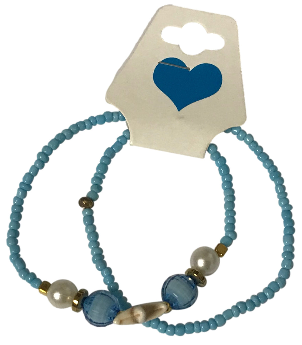 Pair of blue beaded bracelets with pearls on a card with a blue heart design.