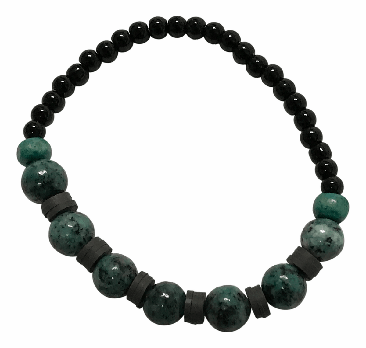 Handmade K2 Stone Azurite Granite & Black Onyx Stretch Bracelet, Gray Heishi Polymer Clay Spacer Beads, Artisanal Boho Jewelry