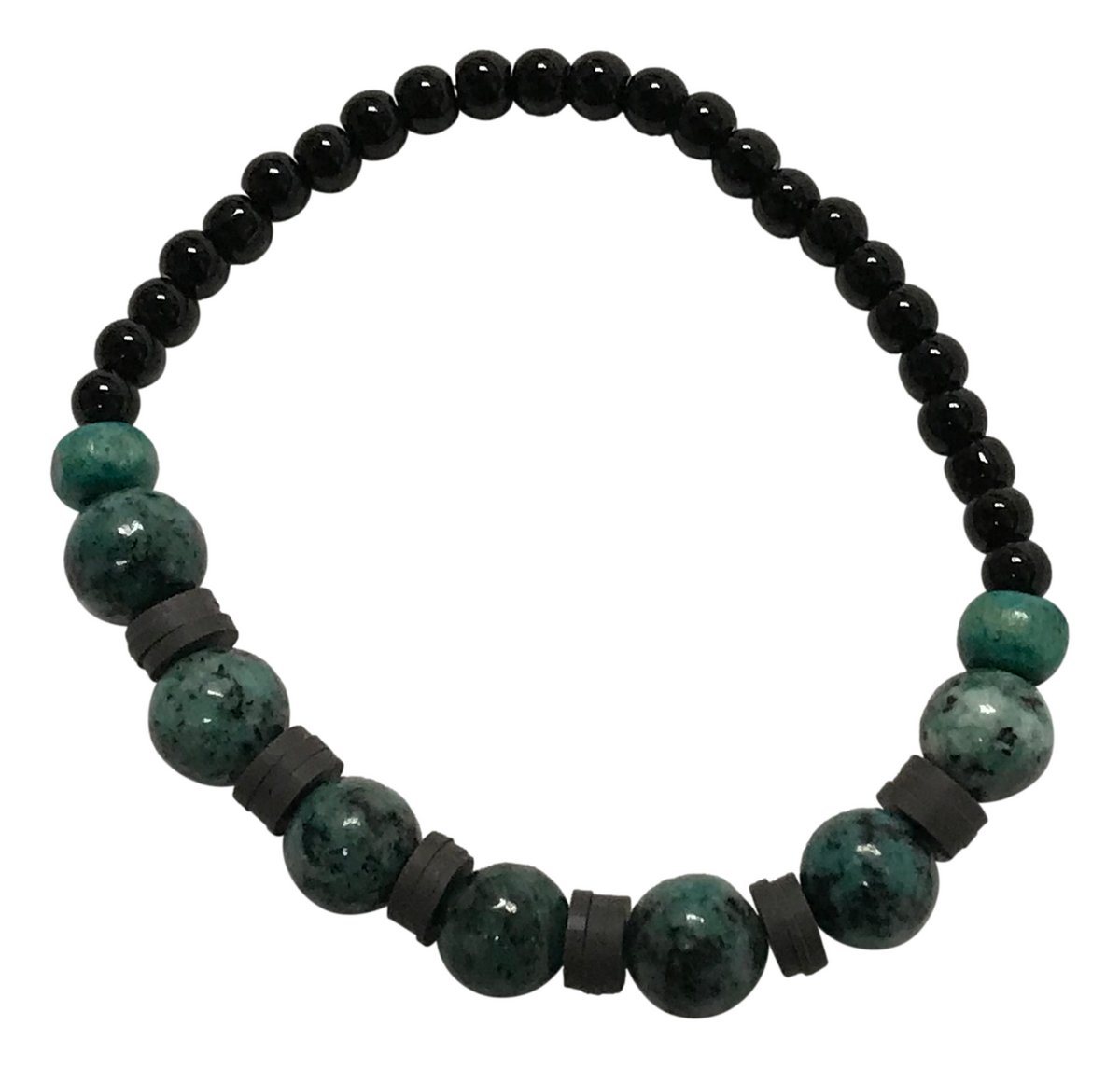 Handmade Boho Bracelet - Greenish-Gray Speckled K2-Style Beads with Dark Spacer Accents & Gray Heishi