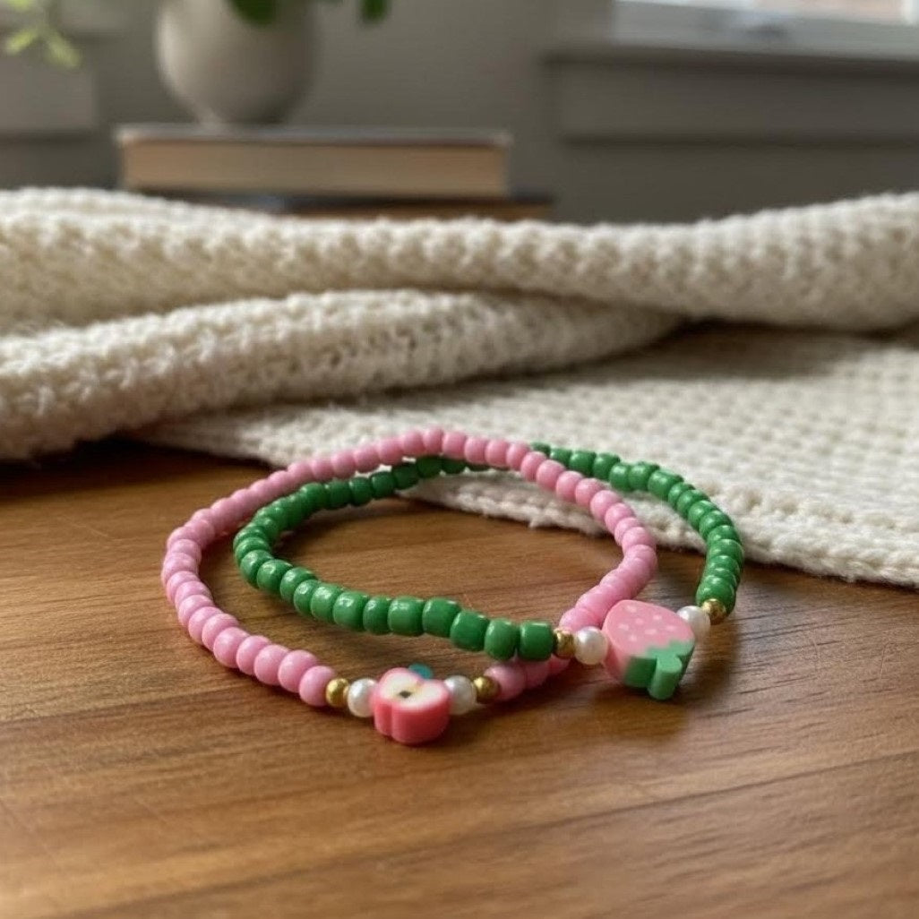 Handmade Pink Green Beaded Bracelet Set, Apple & Strawberry Charm, Playful Boho Jewelry