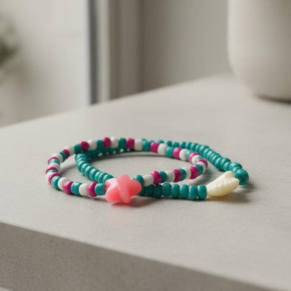 Handmade Ocean Theme Bracelet Stack, Dainty Shell & Star Charms in Teal/Pink, Cute Personalized Gift for Beach Lovers