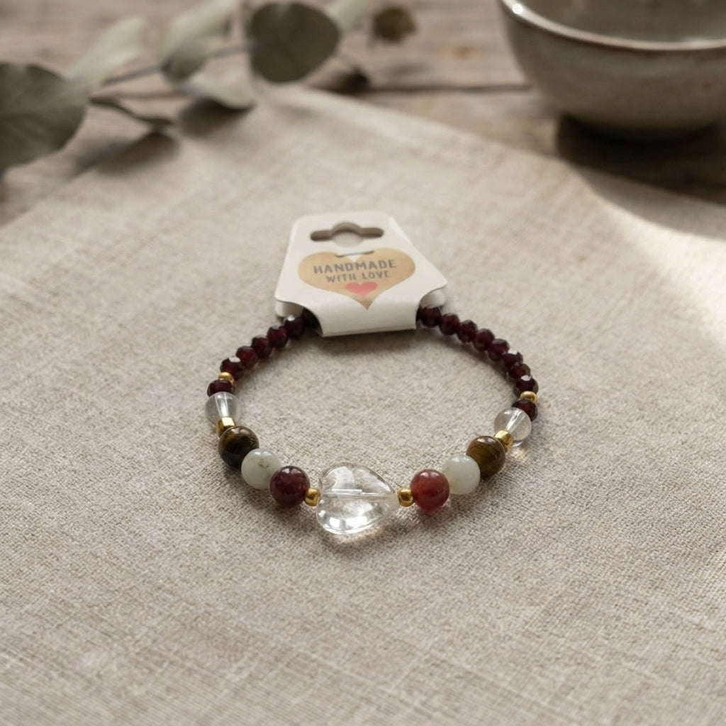 Handmade Garnet Beaded Bracelet with Clear Crystal Style Heart Charm – Tiger Eye & Jade Natural Gemstone, Healing Jewelry Gift