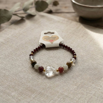 Handmade Garnet Beaded Bracelet with Clear Crystal Style Heart Charm – Tiger Eye & Jade Natural Gemstone, Healing Jewelry Gift