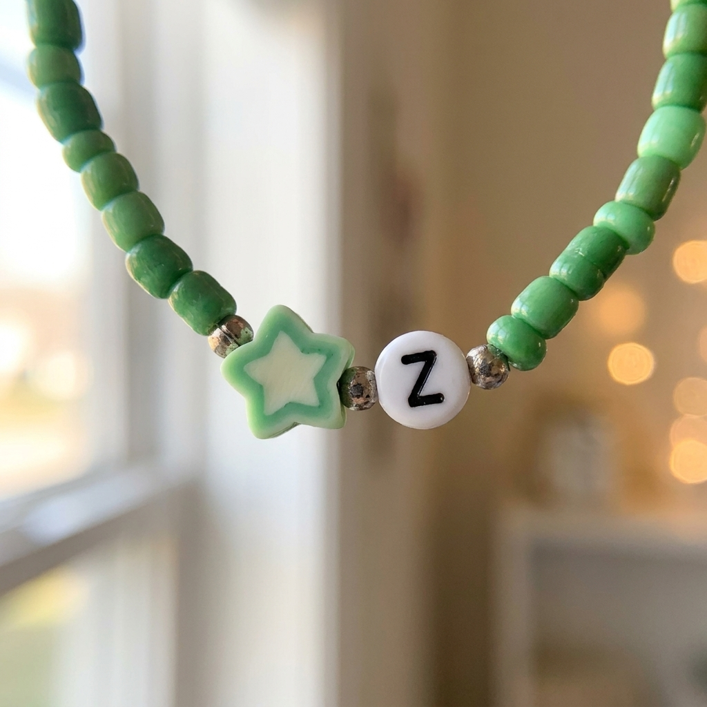Green Beaded Initial Bracelet Z with Star Charm, Meaningful Growth & Hope Jewelry, Personalized Cute Stretch Gift for Her Y2K