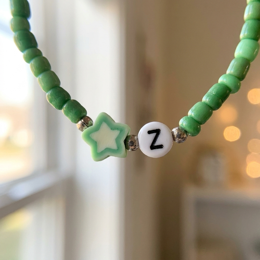 Green Beaded Initial Bracelet Z with Star Charm, Meaningful Growth & Hope Jewelry, Personalized Cute Stretch Gift for Her Y2K