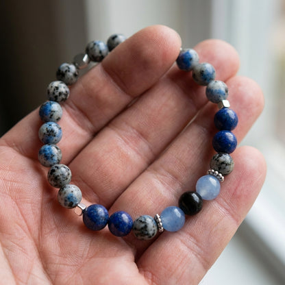 Handmade Blue Gemstone Beaded Bracelet, Navy Gray Silver Stackable Jewelry
