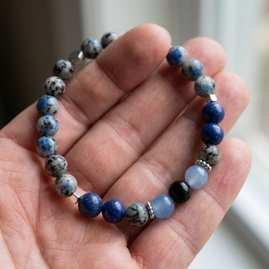 Handmade Blue Gemstone Beaded Bracelet, Navy Gray Silver Stackable Jewelry