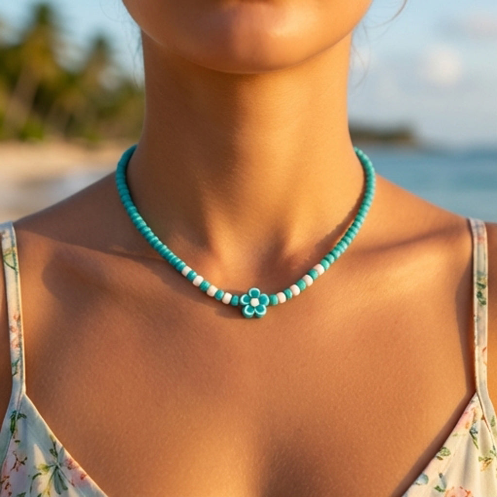 Turquoise Seed Bead Necklace with Flower Charm, Minimalist Floral Jewelry