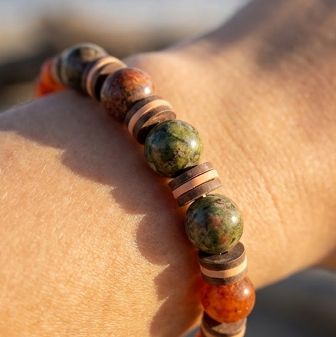 Handmade Beaded Bracelet – Earthy Green, Brown & Red Beads Tones with Tan Disc Spacers
