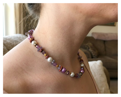 Handcrafted Rustic Mixed Bead Necklace with Natural Stones, Metal-Plated Clasp w/ Extension Chain
