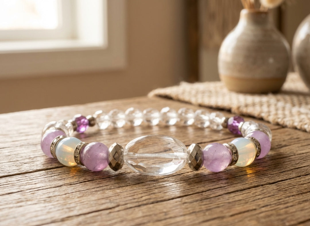 Handmade Beaded Bracelet – Amethyst-Style, Moonstone-Inspired & Quartz-Look Accents, Purple Boho Jewelry