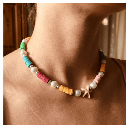 Handcrafted Summer Beach Pearl Necklace, Metal-Plated Clasp w/ Extension Chain