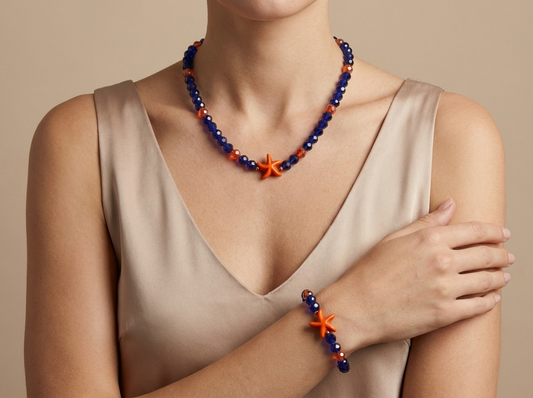 Navy Blue and Orange Starfish Jewelry Set Beaded Necklace and Bracelet Nautical Summer Beach Jewelry Coastal Boho Choker Set