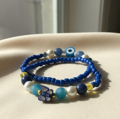 Handmade 2-Piece Blue Beaded Bracelet Set with Pearl-Style, Evil Eye & Butterfly Accents – Gift Jewelry, Boho Fashion Style