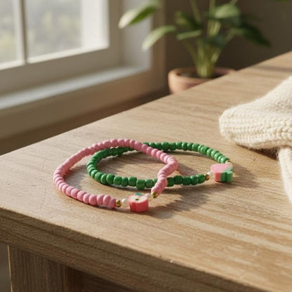 Handmade Pink Green Beaded Bracelet Set, Apple & Strawberry Charm, Playful Boho Jewelry