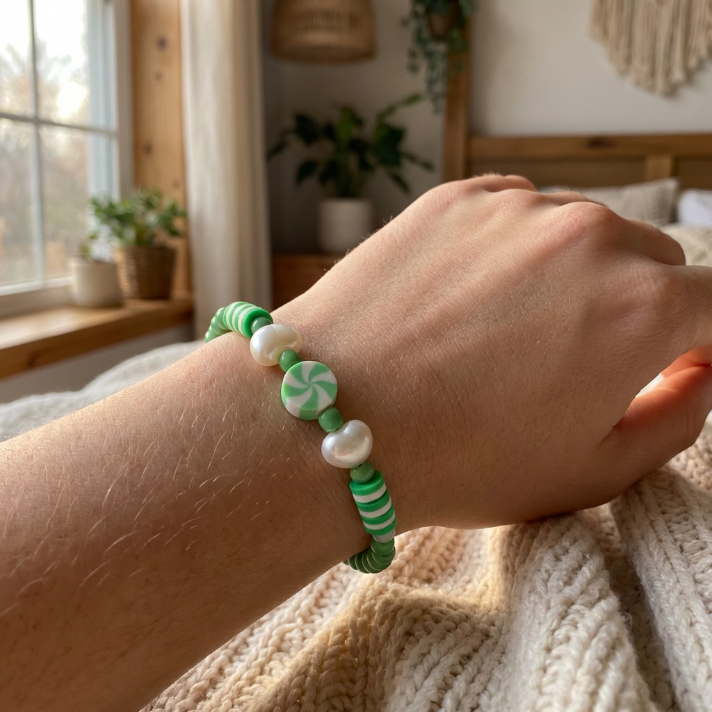 Green Clay Bead Pearl Bracelet, Preppy Peppermint Swirl Candy Jewelry,  Cute Summer Gift for Her