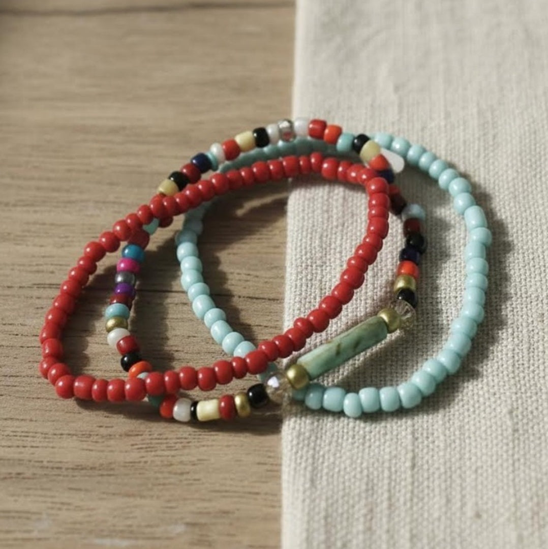 Handmade 3-Piece Colorful Beaded Bracelet Set Red Blue Yellow Black White with Marbled Accent Gift