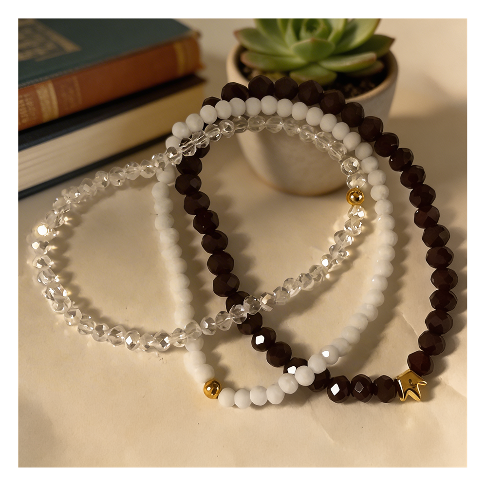 Handmade with Love Dark Brown, White, Clear Beaded Bracelet Set, Earthy Sparkle Stack