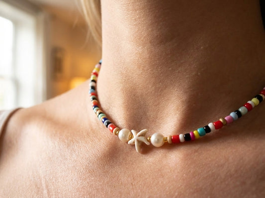 Handmade Starfish Beaded Necklace, Rainbow Beach Choker, Summer Faux Pearl Jewelry for Women, Boho Coastal Aesthetic Accessories