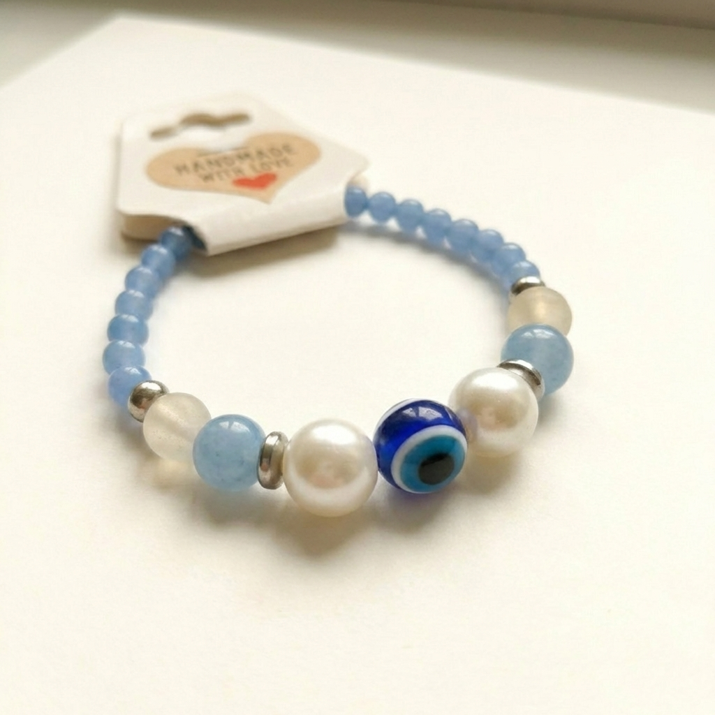 Handmade Blue Ombre Beaded Bracelet Sky Blue Agate and White Jade with Silver Accents Minimalist Stackable Jewelry Boho Style