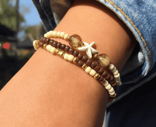 Handmade Cream Brown Beaded Bracelet Set, Starfish Charm, Coastal Jewelry