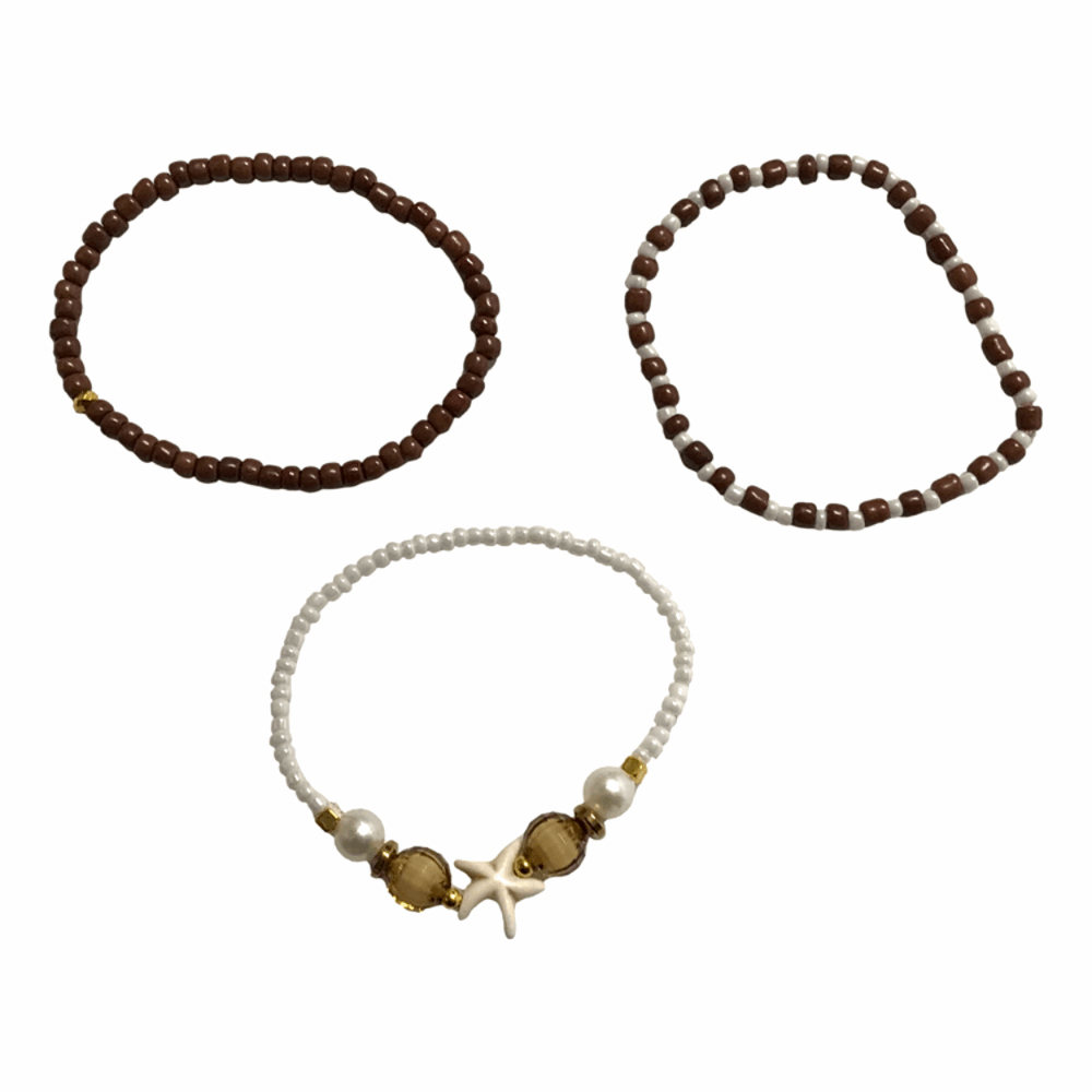 Handmade Brown White Gold Beaded Bracelet Set, Starfish Charm, Boho Ocean Jewelry