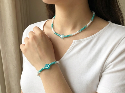 Teal and White Star & Smiley Face Jewelry Y2K Beaded Necklace and Bracelet Handmade Aesthetic Choker Set