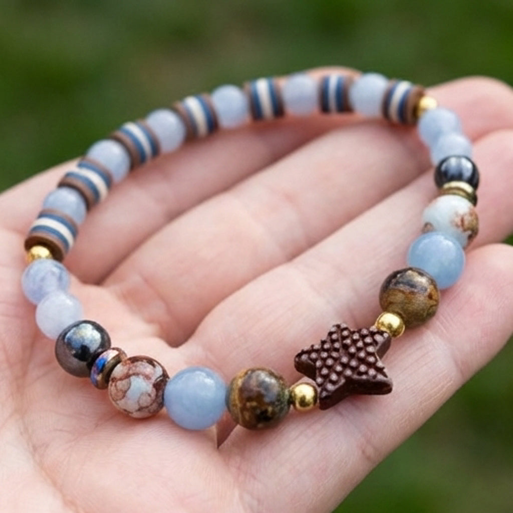Aquamarine & Jasper Star Handmade Beaded Bracelet – Coastal Style Stretch Jewelry, Unique Stackable Gemstone Gift