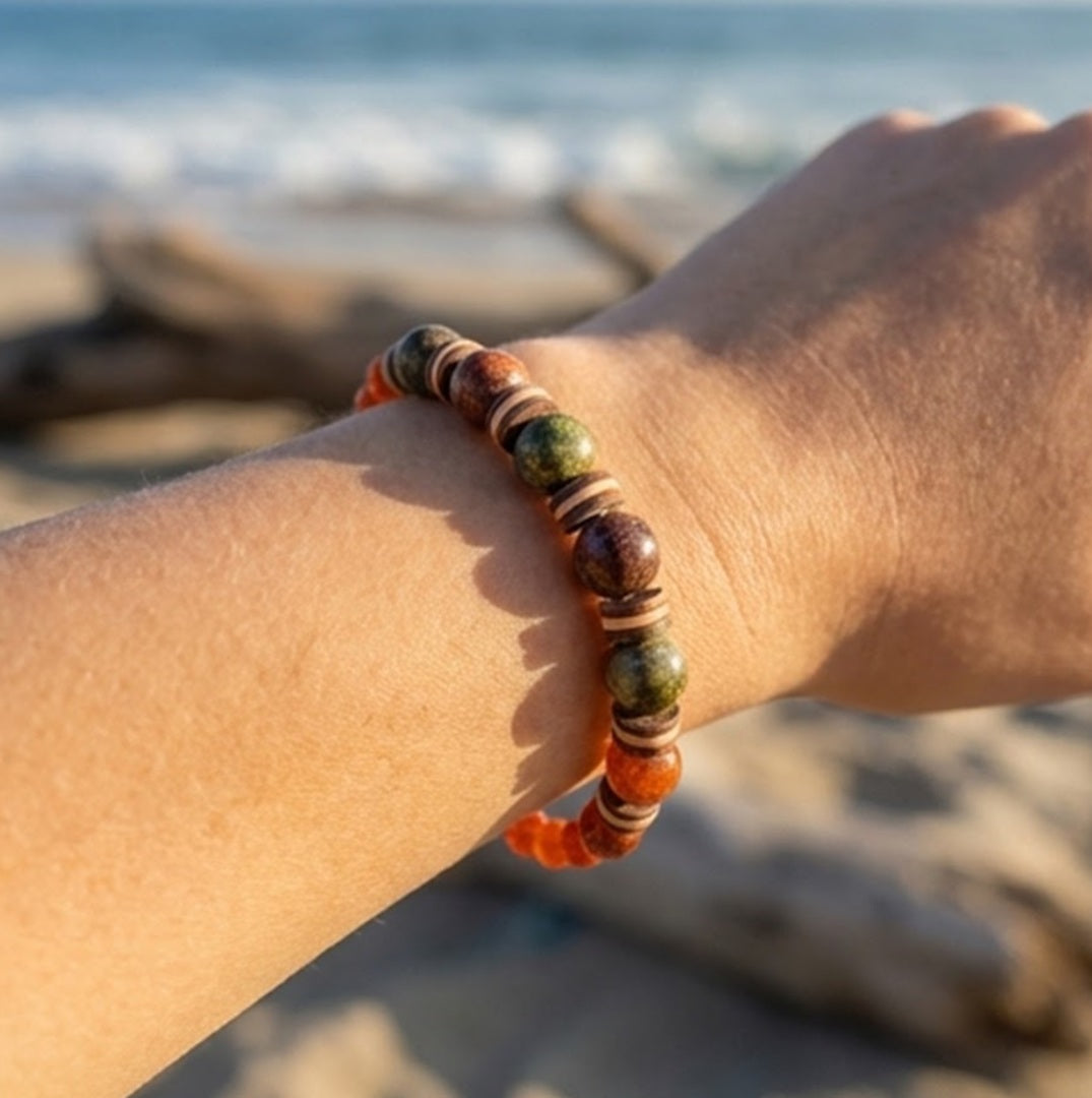Handmade Beaded Bracelet – Earthy Green, Brown & Red Beads Tones with Tan Disc Spacers