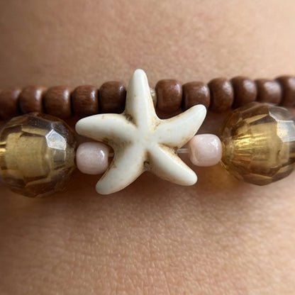 Handmade Sandrift Brown Gold Beaded Bracelet Set, Starfish Charm, Boho Ocean Jewelry