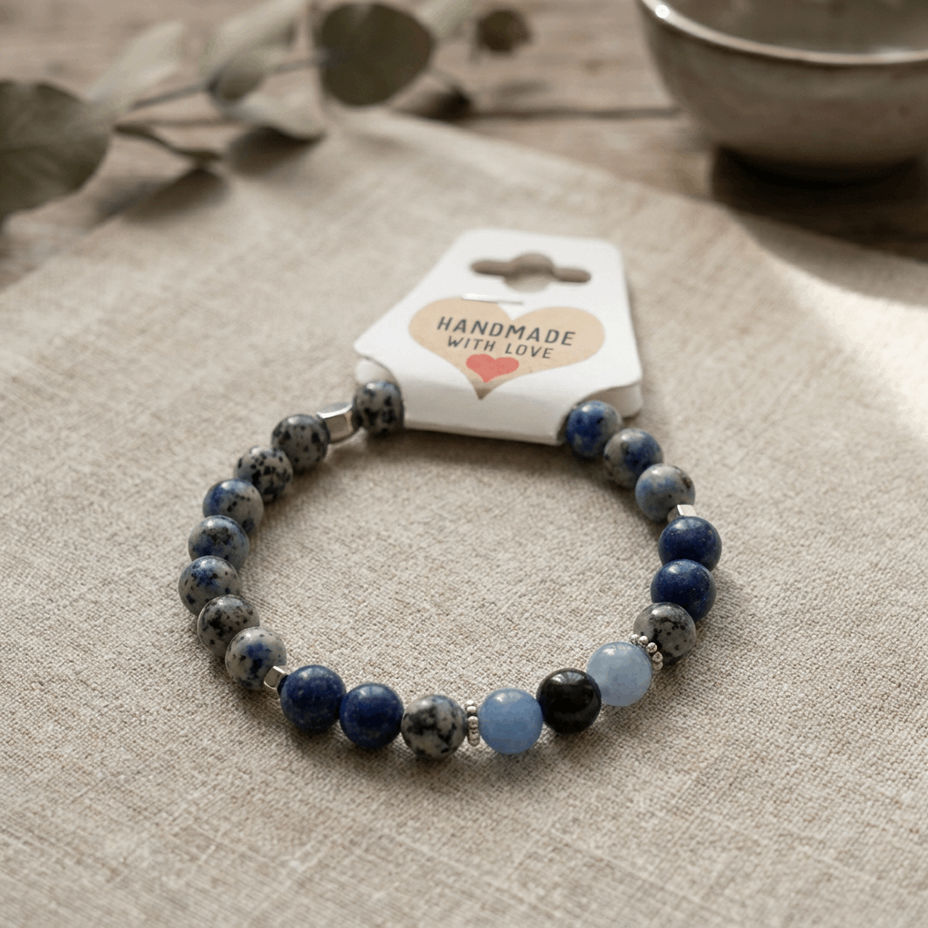 Blue Gemstone Beaded Bracelet, Navy and Gray Stretch Stackable Jewelry Handmade Minimalist Natural Stone Stackable Gift for Her