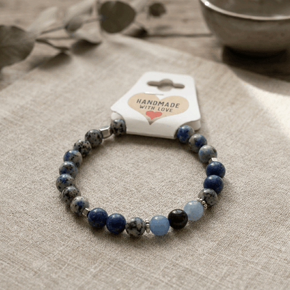 Blue Gemstone Beaded Bracelet, Navy and Gray Stretch Stackable Jewelry Handmade Minimalist Natural Stone Stackable Gift for Her