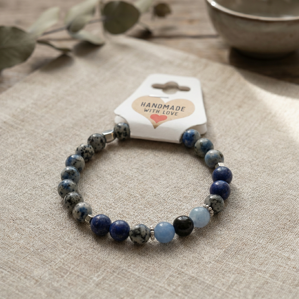 Handmade Blue Gemstone Beaded Bracelet, Navy Gray Silver Stackable Jewelry