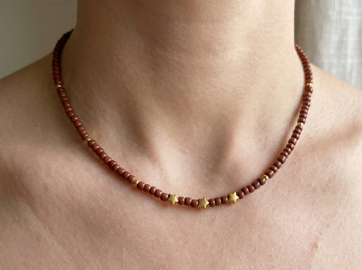 Brown Seed Bead Necklace with Gold Star Charms, Dainty Celestial Jewelry