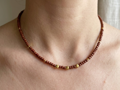 Brown Seed Bead Necklace with Gold Star Charms, Dainty Celestial Jewelry