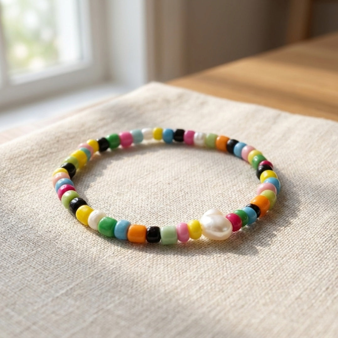 Colorful Boho Beaded Bracelet – Rainbow Beads with White Centerpiece, Handmade Elastic Casual Jewelry