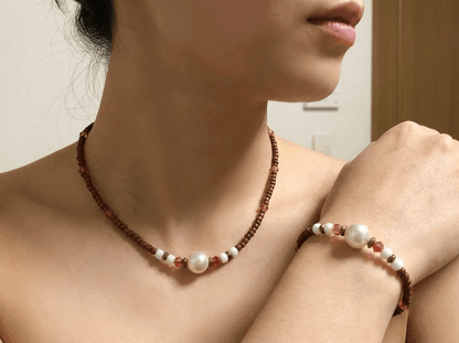 Handmade Pearl Beaded Necklace and Bracelet Set, Earthy Terracotta & White Jewelry, Elegant Boho Chic Set with 5cm Extension Chain