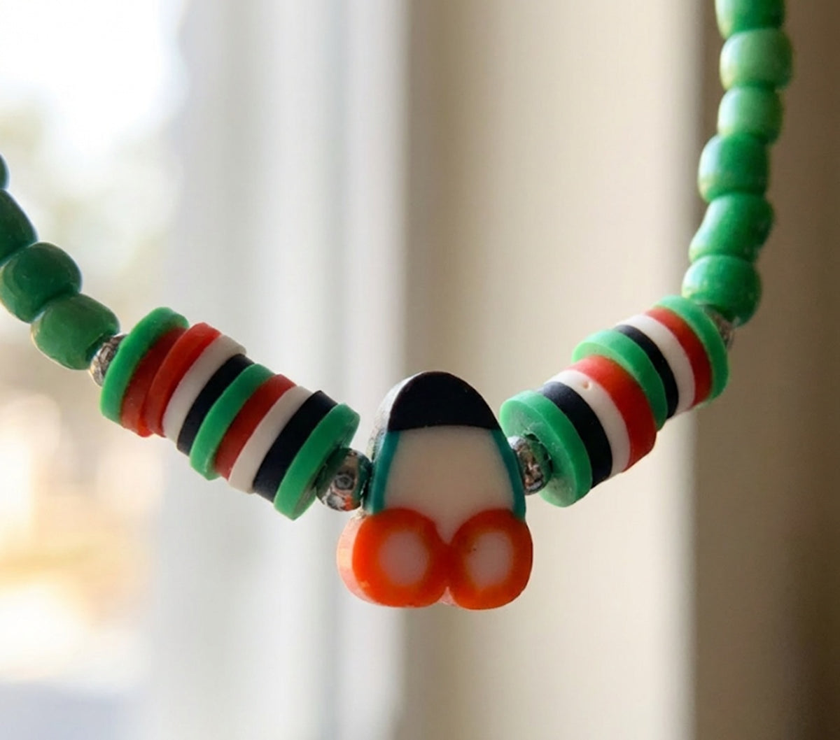 Boho Beaded Bracelet with Cherry Charm – Green Beads & Red-White-Green Accents, Handmade Elastic Jewelry