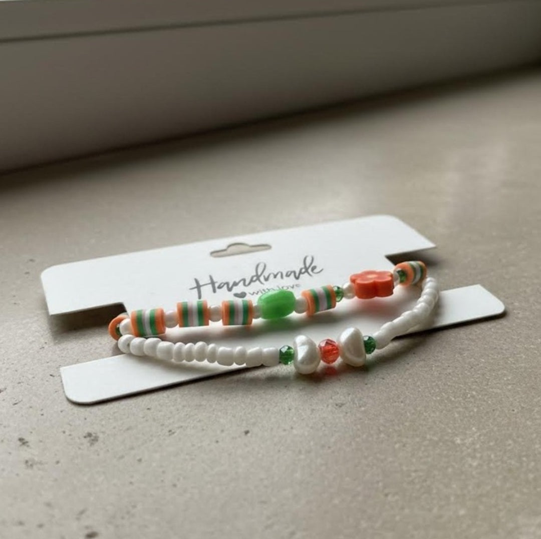 Handmade 2-Piece Bracelet Set with White Beads, Orange & Green Accents, Flower & Smiley Charms – Gift Jewelry, Boho Chic Style