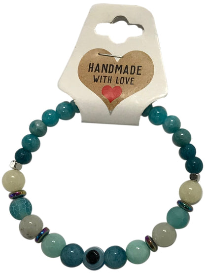 Handmade Amazonite Natural Gemstone Beaded Bracelet Crystal Blue and White Stone Boho Style Stacking Jewelry