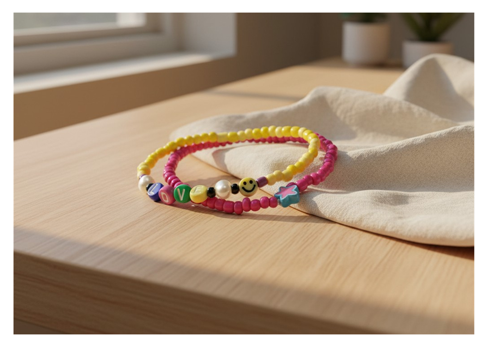 Handmade Hot Pink and Yellow Beaded Bracelet with Charms, Youth/Teen Jewelry, Novelty Bracelet, Boho-chic