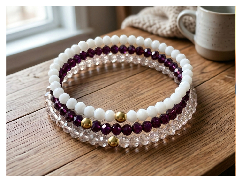 Handmade with Love Plum and Crystal-style Beaded Bracelet Set